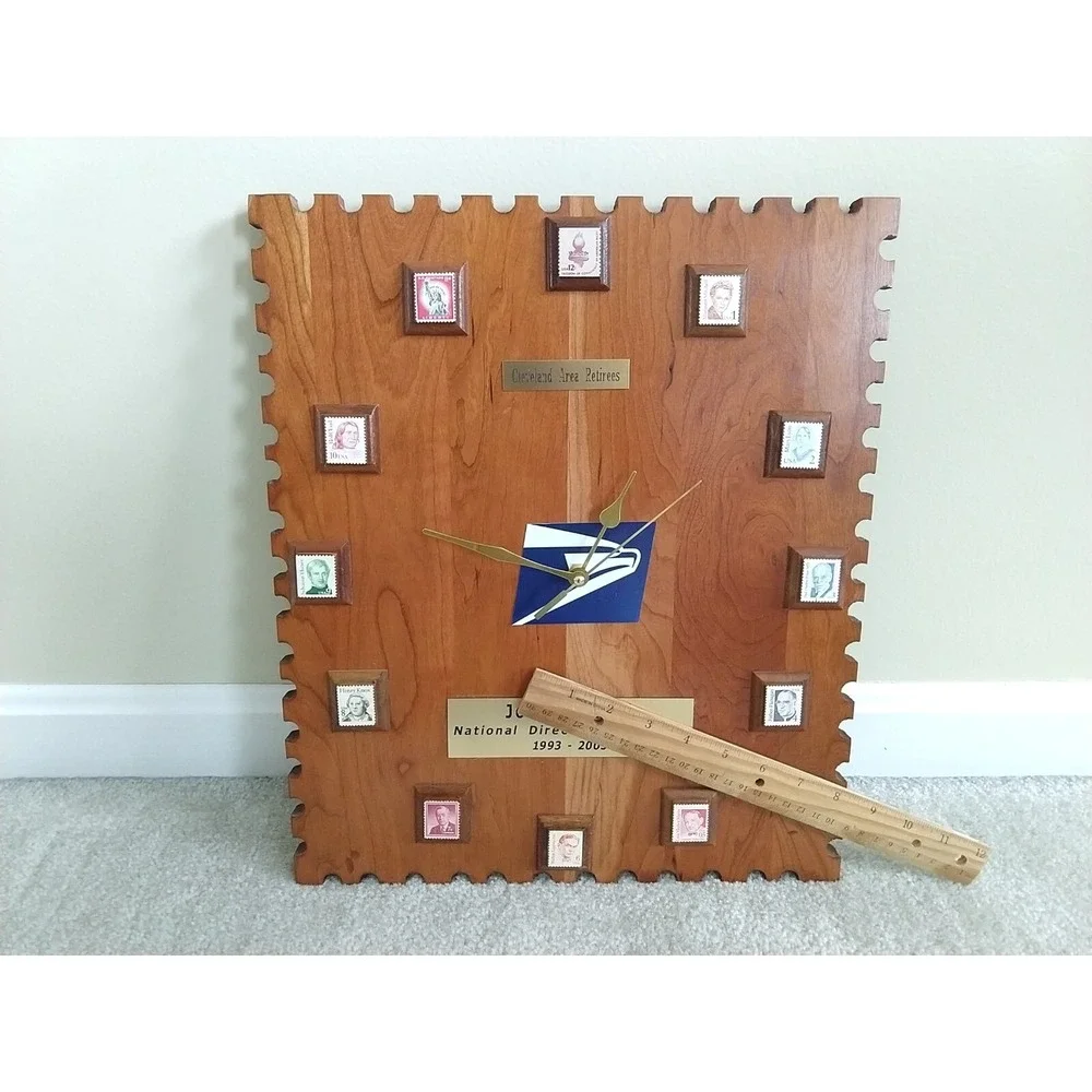 Handmade Wood USPS Post Office Wall Clock Postage Stamp Art Retirement Gift